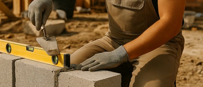 Artisan maçon construisant un mur en parpaings sur un chantier, utilisant un niveau à bulle et une truelle