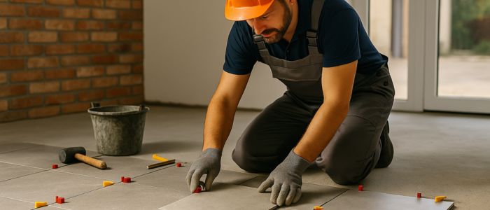 Artisan carreleur posant des carreaux de sol dans une maison, utilisant des croisillons d’espacement
