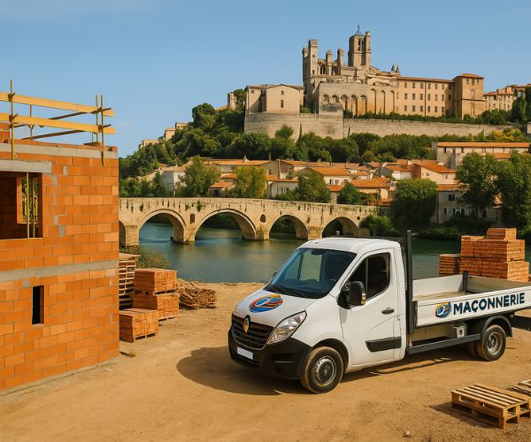 Chantier de construction à Béziers avec vue sur la cathédrale Saint-Nazaire et un camion de l’entreprise FJ Maçonnerie