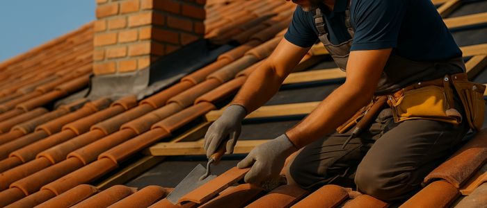 Artisan couvreur posant une tuile sur une toiture en pente à côté d’une cheminée en briques